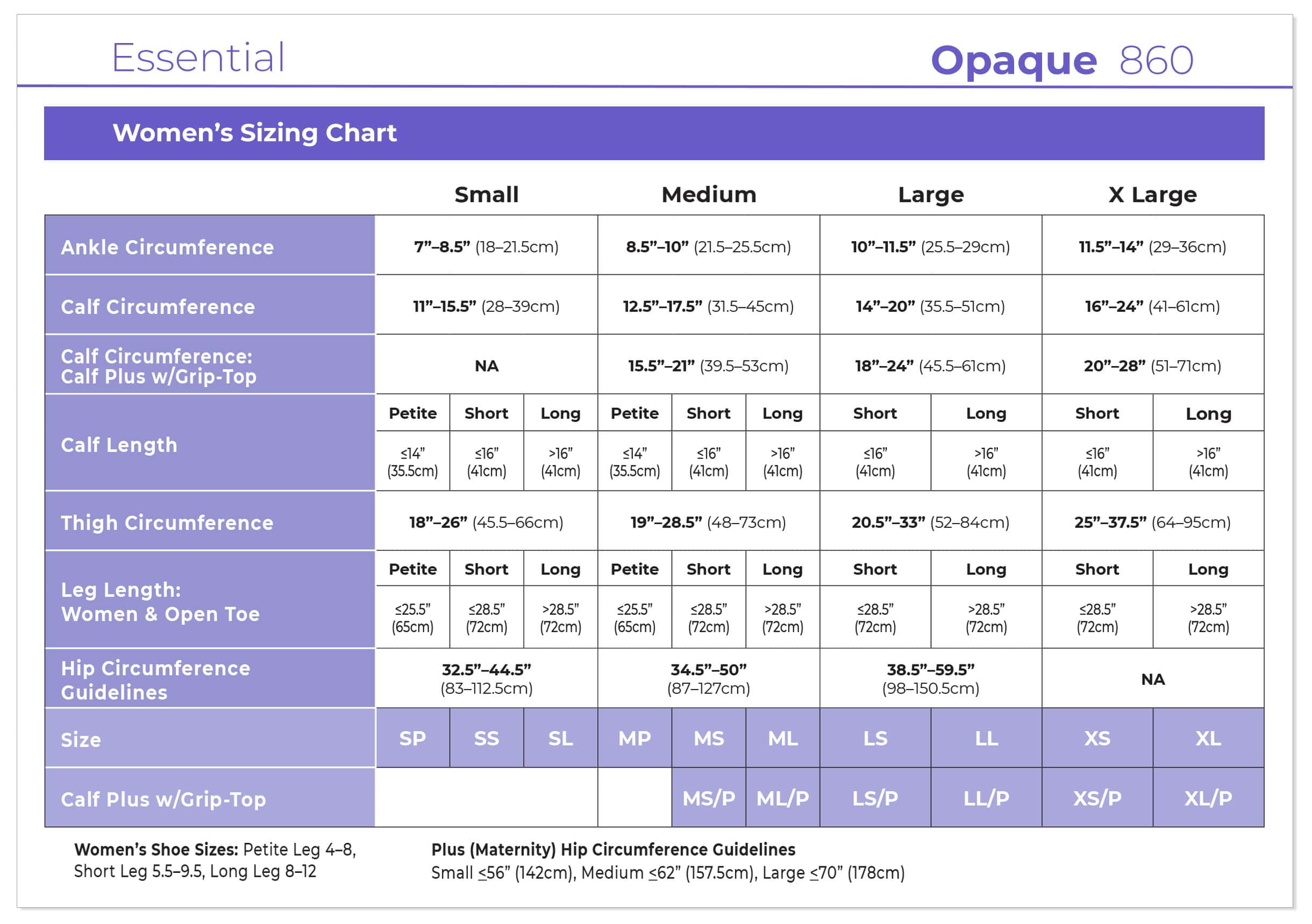 Sigvaris Essential Opaque Women's Pantyhose Size Chart